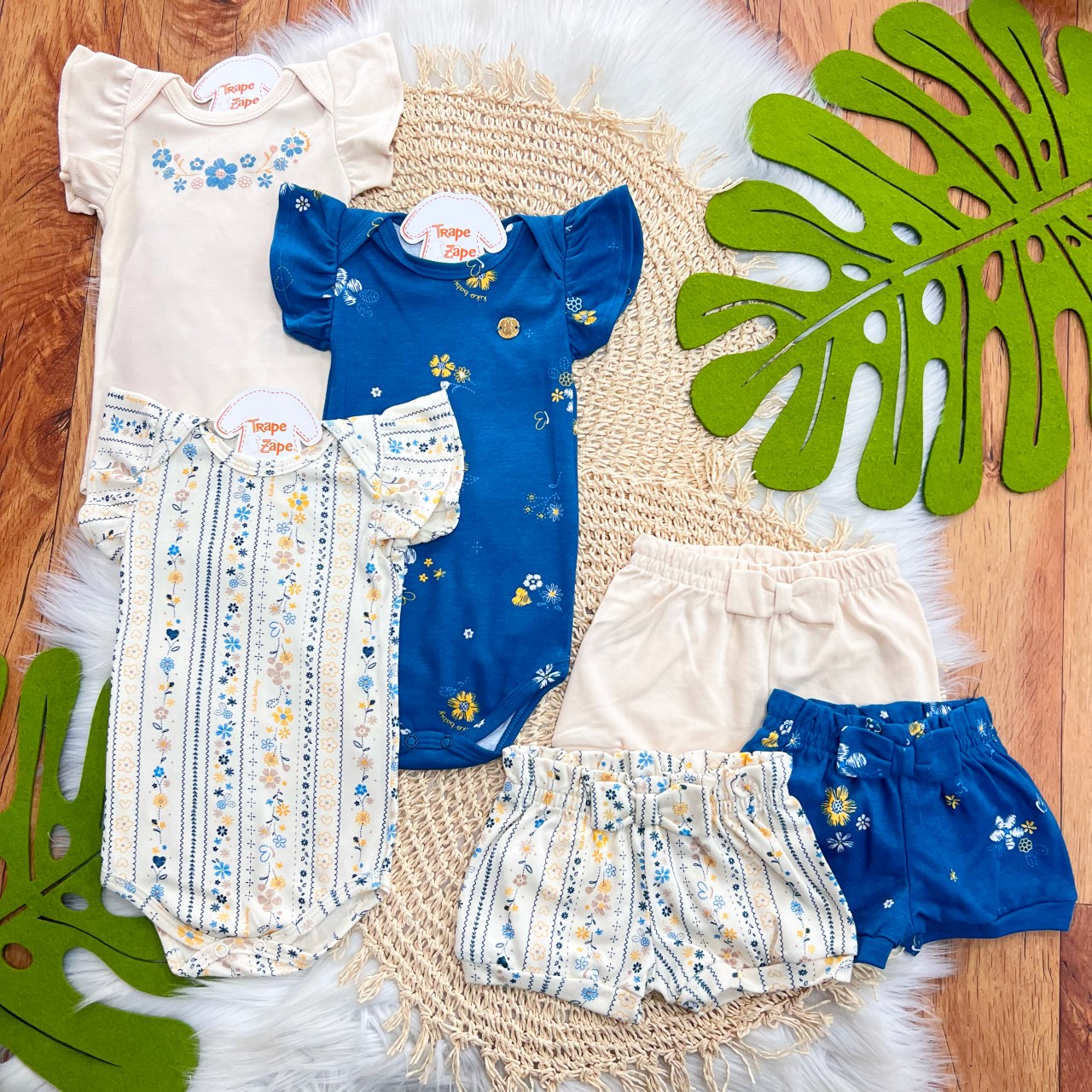 Kit 6 Peças - Floral Tropical - Creme, Off White e Azul Petróleo 
